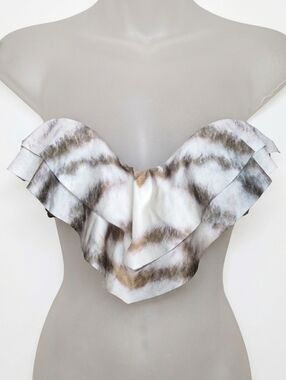 Wildfox Swim Silver Tiger Ruffle Bandeau Bikini Top Draped Tiered Tie Back